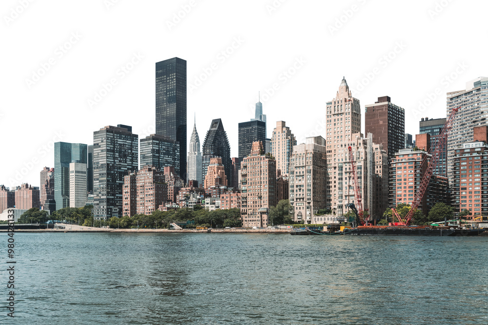 Obraz premium New York City skyline featuring a diverse range of buildings along the waterfront, set against a white background. Manhattan, urban landscape concept