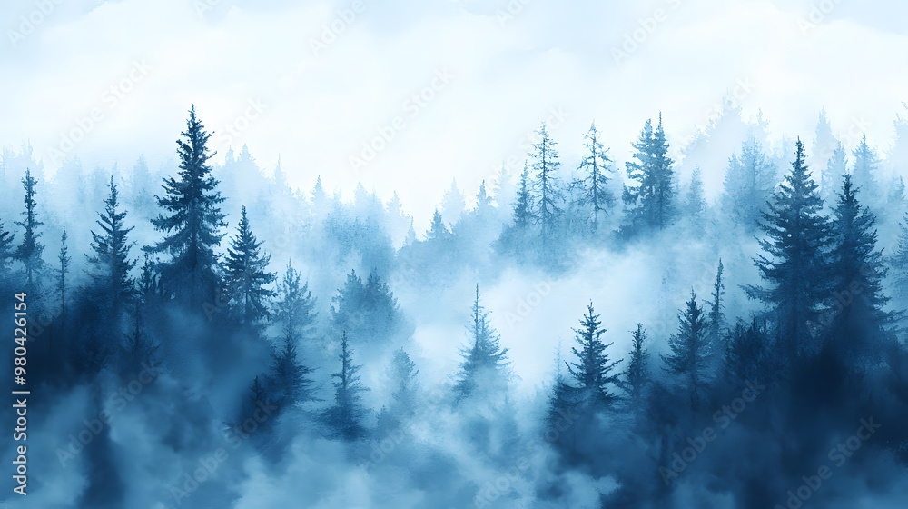 Blue landscape of foggy forest, winter hill. Wild nature, frozen, misty, taiga. watercolor background Blue landscape of foggy forest, winter hill. Wild nature, frozen, misty, taiga. watercolor background