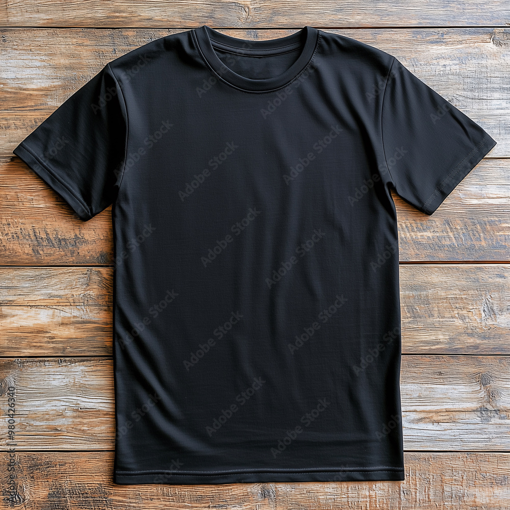 © Warisa - plain oversized black t shirt for mockups photorealistic on wood table, top view © Warisa - plain oversized black t shirt for mockups photorealistic on wood table, top view