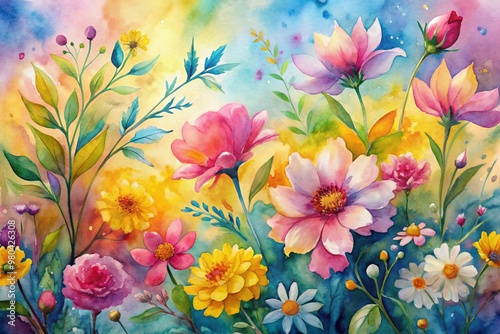 Vibrant watercolor ink painting featuring bright spring flowers and leaves in shades of pink, yellow, and blue, set against a soft, abstract background.