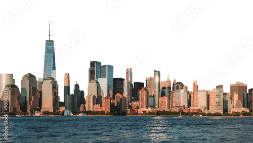 Manhattan skyline with iconic Building and surrounding skyscrapers, isolated on a white background. Concept of New York City, urban landscape