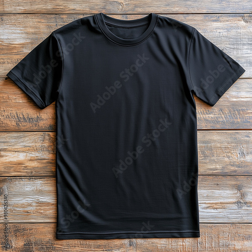 plain oversized black t shirt for mockups photorealistic on wood table, top view photo