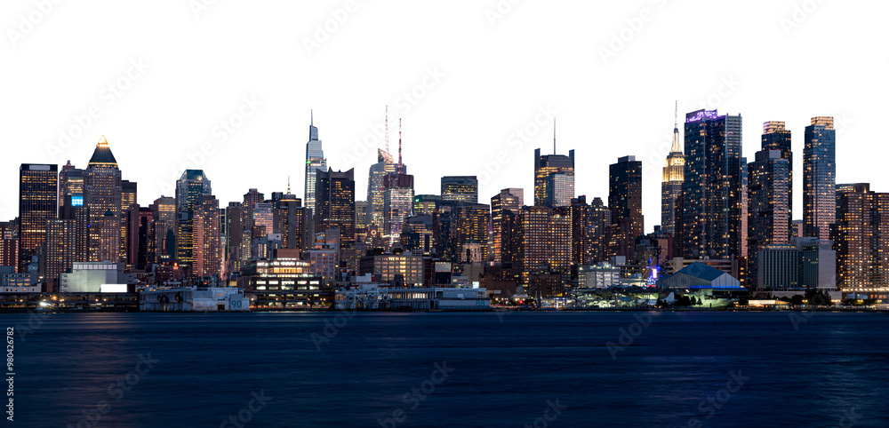 Panoramic view of Manhattan's illuminated skyline at dusk. Urban cityscape with tall buildings and waterfront, isolated on a white background. Concept of New York City Panoramic view of Manhattan's illuminated skyline at dusk. Urban cityscape with tall buildings and waterfront, isolated on a white background. Concept of New York City