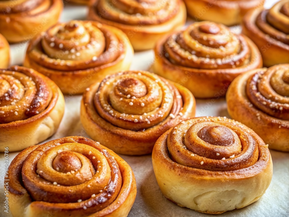 Softly lit, golden brown cinnamon rolls are artfully arranged on a pristine white background, showcasing their sweet, swirly centers in a visually appealing display. Softly lit, golden brown cinnamon rolls are artfully arranged on a pristine white background, showcasing their sweet, swirly centers in a visually appealing display.