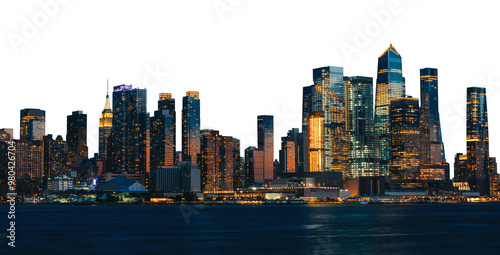 Photography The New York City skyline featuring Hudson Yards and Manhattan skyscrapers at dusk, isolated on a white background
