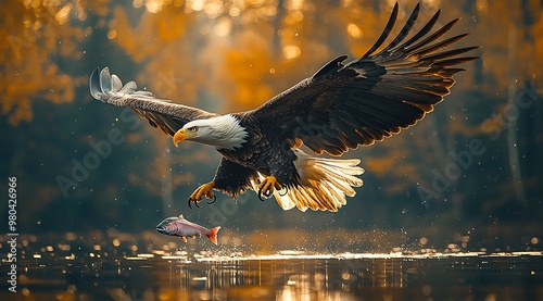 Bald eagle in flight with fish in talons, over a lake, with fall foliage in the background. photo