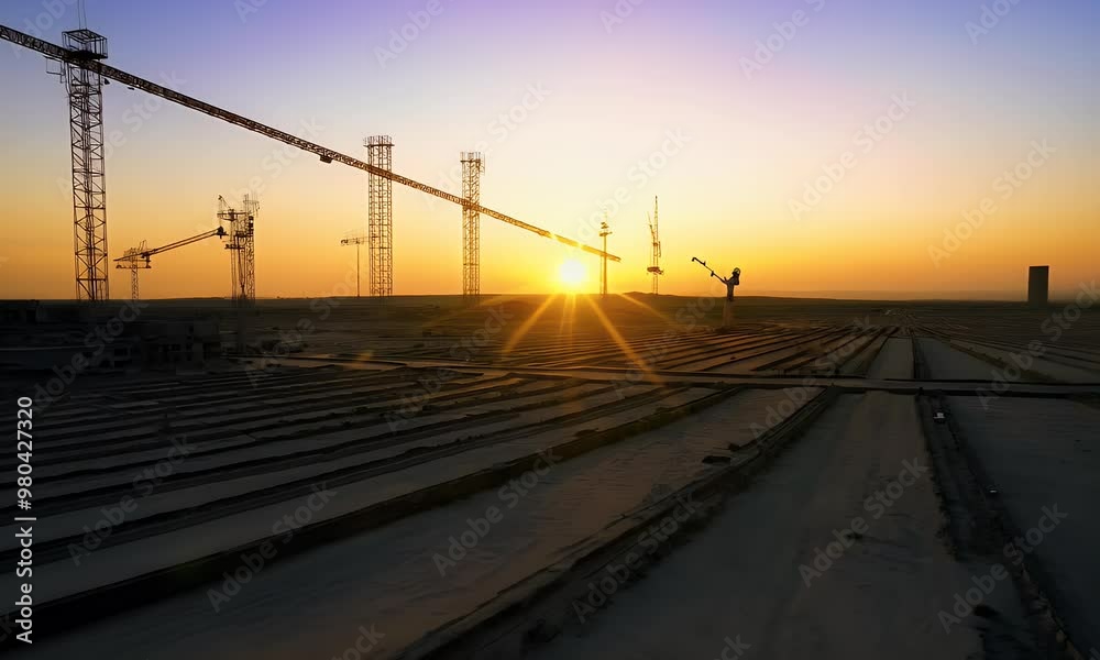 Construction Site Sunset: Cranes and Building Foundations at Dusk Construction Site Sunset: Cranes and Building Foundations at Dusk