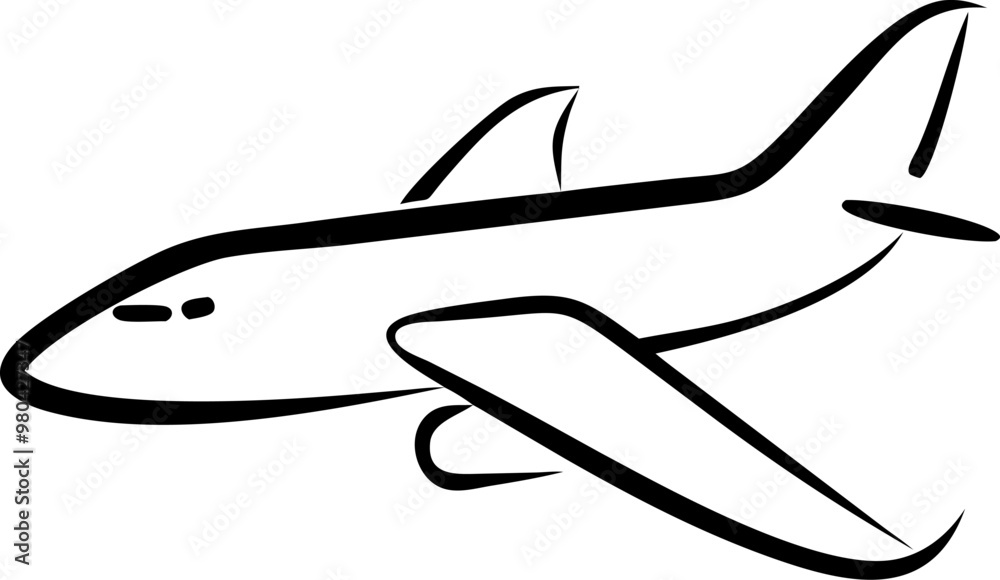 A black and white drawing of an airplane flying in the sky A black and white drawing of an airplane flying in the sky