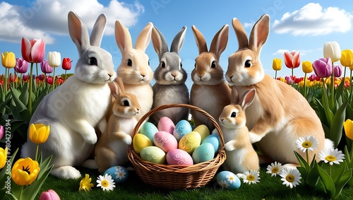 A warm and vibrant family of Easter bunnies, each with distinct fluffy fur in shades of cream, beige, and soft gray, gathered around a wicker basket overflowing with freshly painted eggs 