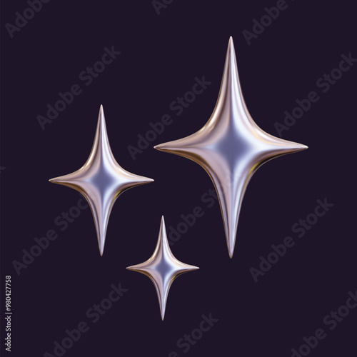 3D holographic star with a reflective sheen. Chrome metallic design element with a retro futuristic aesthetic, isolated.