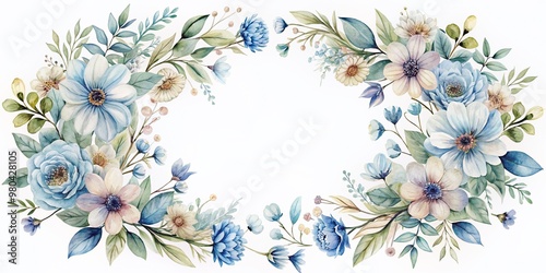 Fototapeta Naklejka Na Ścianę i Meble -  Delicate watercolor floral pattern in soft hues fills a round frame on a pristine white background, featuring a stunning blue flower design in the center.