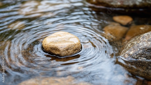 Tranquil stone on water surface with ripple effect for nature serenity prints