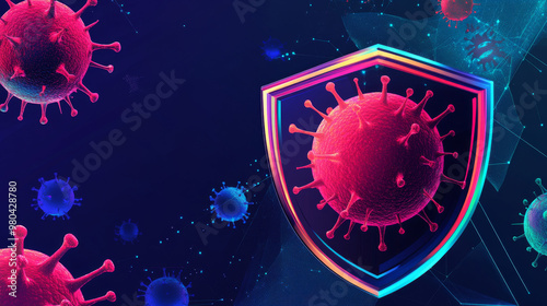 Website page template for virus protection, focusing on the China Wuhan coronavirus epidemic. Features a shield symbolizing protection from bacteria, viruses, and microbes. Represents the coronavirus  photo