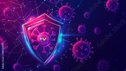 Website page template for virus protection, focusing on the China Wuhan coronavirus epidemic. Features a shield symbolizing protection from bacteria, viruses, and microbes. Represents the coronavirus  photo