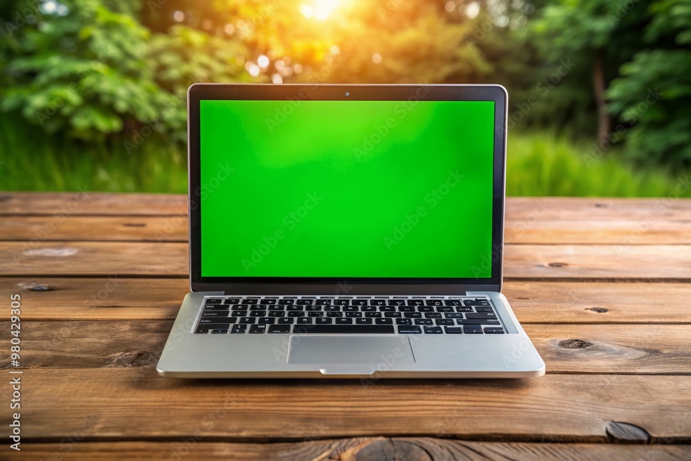 A modern open laptop showcases a vibrant green screen on a rustic wooden table, awaiting customization, symbolizing innovative technology and creative possibilities. A modern open laptop showcases a vibrant green screen on a rustic wooden table, awaiting customization, symbolizing innovative technology and creative possibilities.