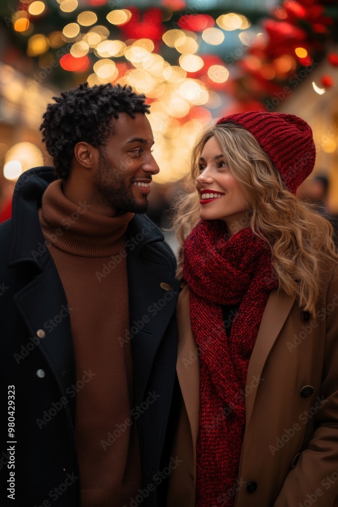 Happy couple dressed warmly enjoying festive city lights