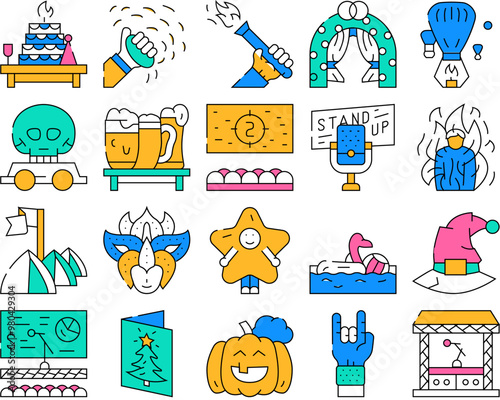 Events And Festival Collection Icons Set Vector. Rock And Oktober Fest, Standup And Pool Party, Fantasy Costume And Facial Mask Events color Contour Illustrations