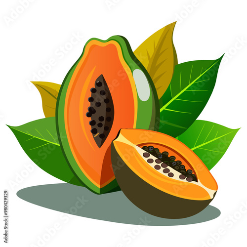 Fresh, bright, exotic whole and sliced colorful papaya with leaf fruit vector illustration, summer-fresh ripe papaya in cartoon-style vector art.