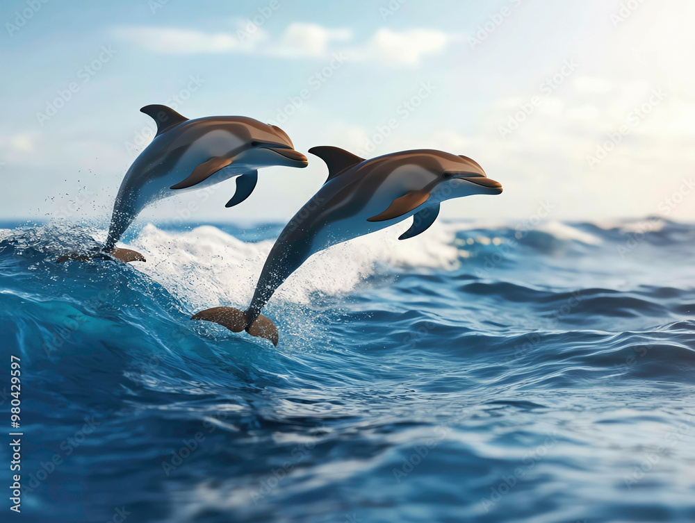 Fototapeta premium Dolphins jumping through waves, ocean horizon in the background, 3D illustration