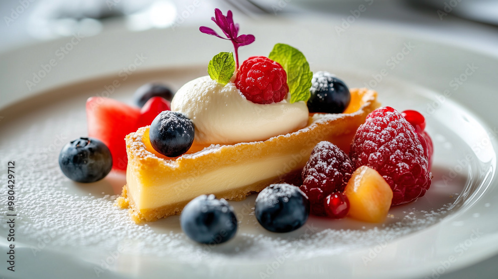 A classic fruit tart topped with cream, fresh berries, and dusted with powdered sugar on a white background A classic fruit tart topped with cream, fresh berries, and dusted with powdered sugar on a white background