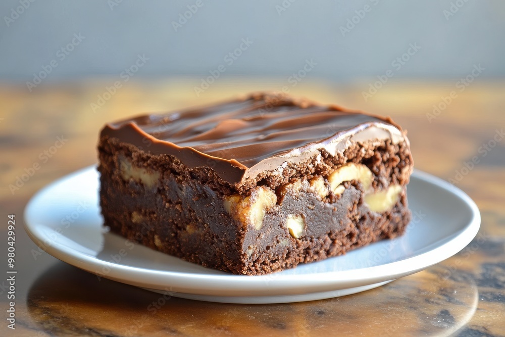 A brownie with walnuts on top of a white plate A brownie with walnuts on top of a white plate
