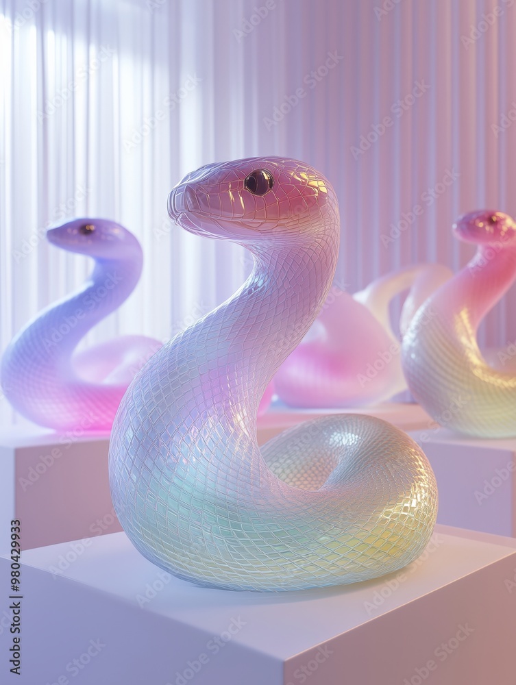 Fototapeta premium Vibrant frosted glass snakes in artistic 3d installation for modern decor