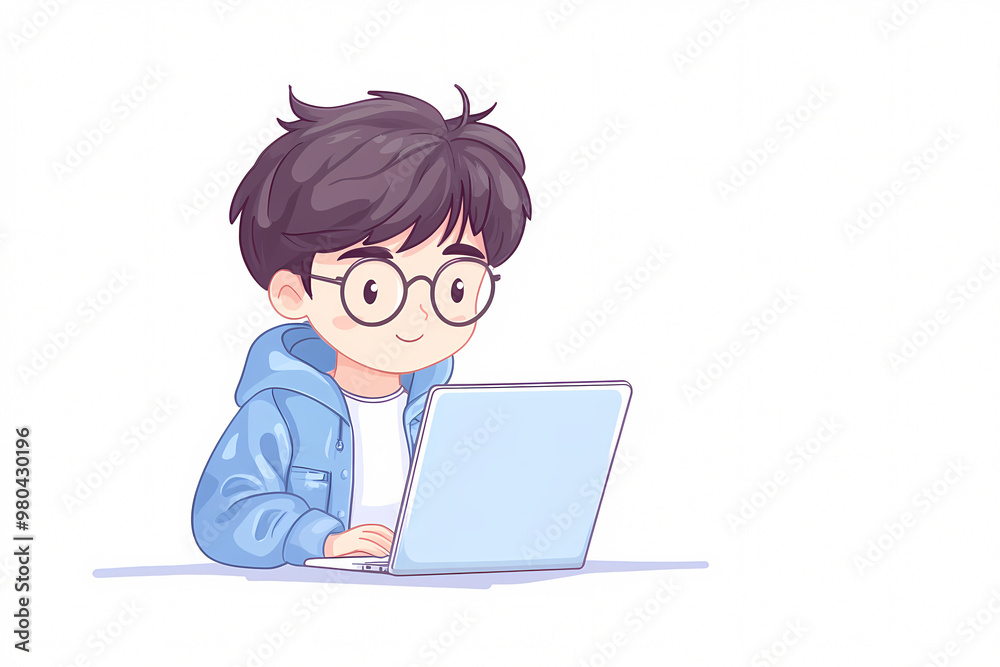 A boy wearing glasses is sitting at a desk with a laptop open. He is smiling and he is enjoying himself A boy wearing glasses is sitting at a desk with a laptop open. He is smiling and he is enjoying himself