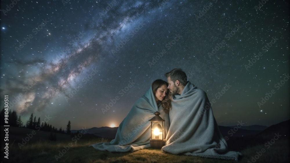 Couple wrapped in a blanket stargazing with a lantern under a starry sky Couple wrapped in a blanket stargazing with a lantern under a starry sky