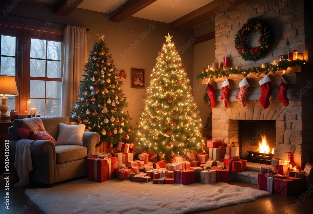 Christmas scene with a large decorated Christmas tree surrounded by presents, stockings hung on the fireplace, and a warm, inviting atmosphere. Christmas scene with a large decorated Christmas tree surrounded by presents, stockings hung on the fireplace, and a warm, inviting atmosphere.