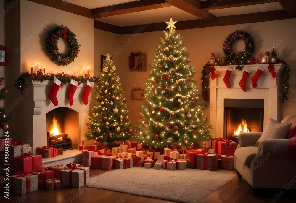 Christmas scene with a large decorated Christmas tree surrounded by presents, stockings hung on the fireplace, and a warm, inviting atmosphere. Christmas scene with a large decorated Christmas tree surrounded by presents, stockings hung on the fireplace, and a warm, inviting atmosphere.