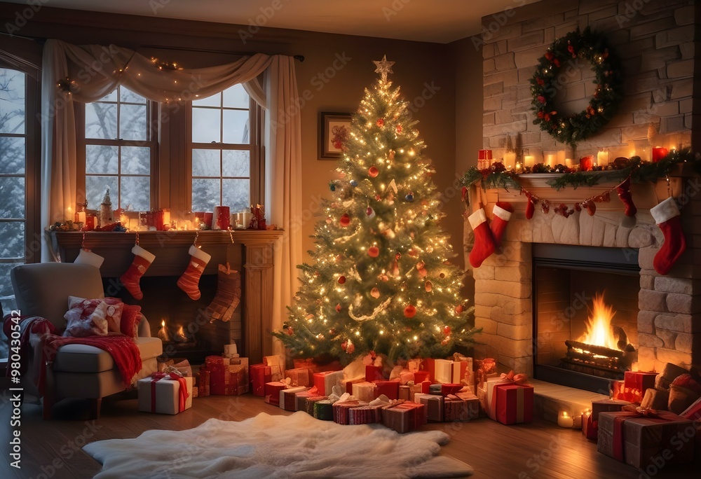 Christmas scene with a large decorated Christmas tree surrounded by presents, stockings hung on the fireplace, and a warm, inviting atmosphere. Christmas scene with a large decorated Christmas tree surrounded by presents, stockings hung on the fireplace, and a warm, inviting atmosphere.