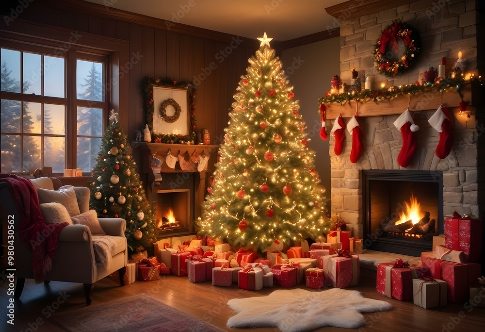 custom made wallpaper toronto digitalChristmas scene with a large decorated Christmas tree surrounded by presents, stockings hung on the fireplace, and a warm, inviting atmosphere.