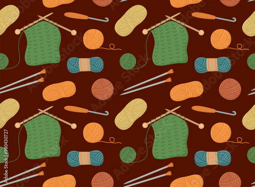Seamless pattern with  knitting tools and yarn. Cute handicraft background.	
