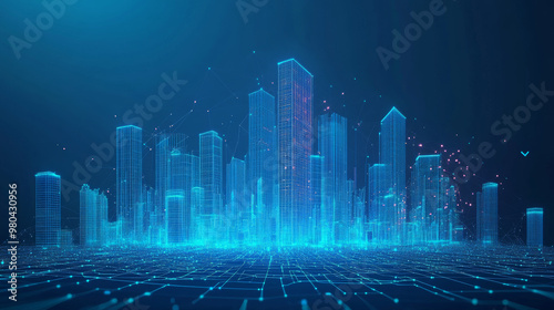 Wireframe landscape featuring a smart city in a low poly style with a blue technology background. Depicts data security and global social network connections in a 3D vector design.