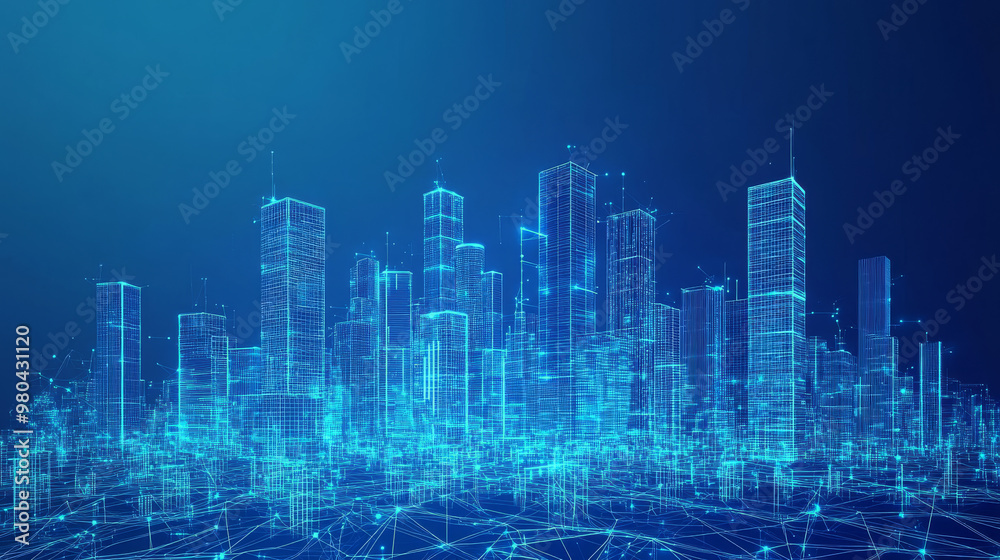 Wireframe landscape featuring a smart city in a low poly style with a blue technology background. Depicts data security and global social network connections in a 3D vector design. Wireframe landscape featuring a smart city in a low poly style with a blue technology background. Depicts data security and global social network connections in a 3D vector design.