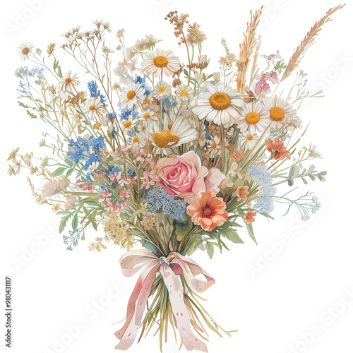 Watercolor Pastel Wildflower Bouquet with Ribbon,spring blossom,illustration isolated on Transparent background