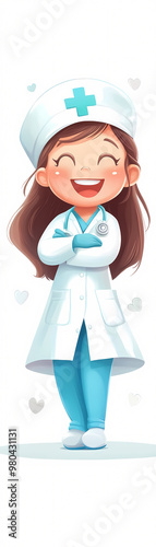 A cartoon girl in a white lab coat with a stethoscope and a blue cross on her chest