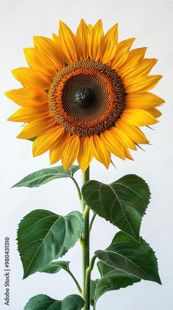 radiant sunflower in full bloom isolated on crisp white background vibrant yellow petals rich brown center and lush green leaves captured in stunning detail symbol of summer and positivity radiant sunflower in full bloom isolated on crisp white background vibrant yellow petals rich brown center and lush green leaves captured in stunning detail symbol of summer and positivity