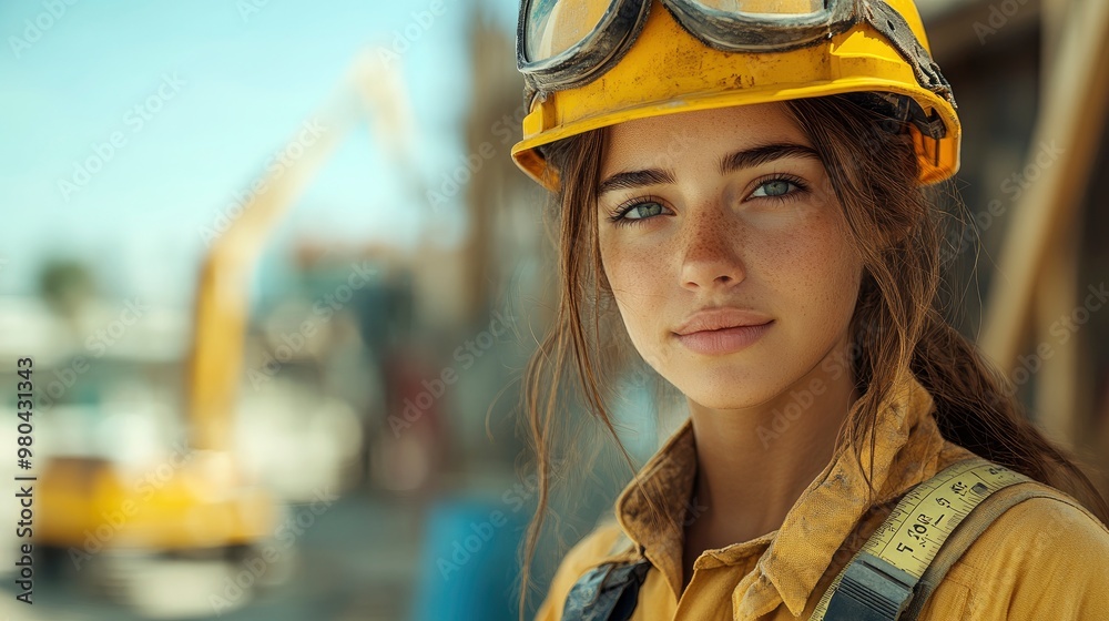 Young Woman Construction Worker in Hardhat and Safety Glasses Young Woman Construction Worker in Hardhat and Safety Glasses