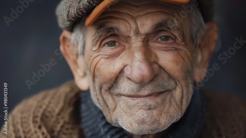 A close-up portrait of an elderly man, smiling gently at the camera.