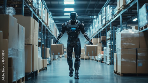 An engineer wearing a futuristic bionic exoskeleton, lifting boxes in a factory. Robotic exosuit assisting the worker in a warehouse. Sci-fi concept of an exoskeleton suit. Future technology.