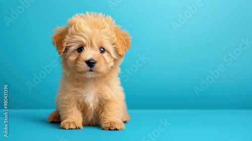 Adorable fluffy puppy sitting against a vibrant blue background, exuding charm and playful energy.