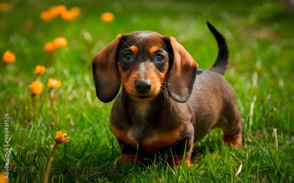 Cute Red Dachshund Puppy in Spring Field with Heterochromia, Captivating Portrait of Dog with Different Colored Eyes, Playful Outdoor Scene, Photo Cute Red Dachshund Puppy in Spring Field with Heterochromia, Captivating Portrait of Dog with Different Colored Eyes, Playful Outdoor Scene, Photo