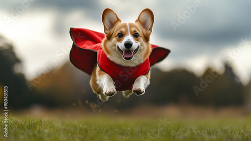 Corgi in caped costume, flying through the air (with the help of jump) in park with dramatic sky