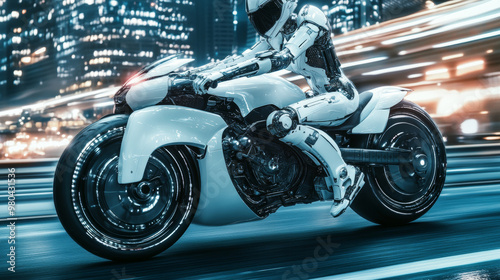 A woman cyborg biker riding a sleek, futuristic motorbike. The robot girl sits on a white sport motorcycle, speeding down the road in a sci-fi cyberpunk cityscape. The cool female biker and her advanc photo