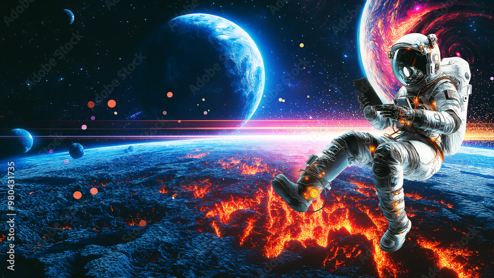 Fototapeta premium Futuristic Astronaut Exploring Alien Planet in High-Tech Suit
