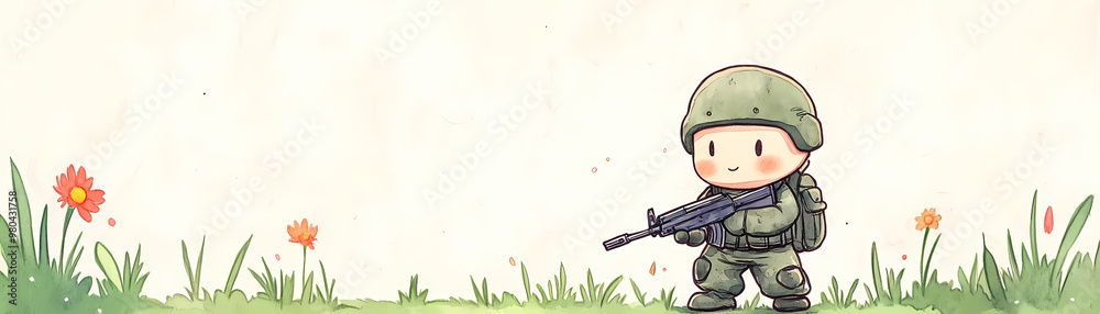 A cartoon soldier is holding a rifle and standing in a field of flowers. The image has a playful and lighthearted mood, as the soldier is dressed in a uniform and holding a weapon A cartoon soldier is holding a rifle and standing in a field of flowers. The image has a playful and lighthearted mood, as the soldier is dressed in a uniform and holding a weapon
