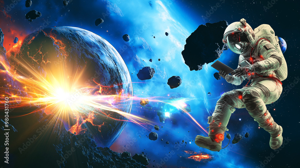Fototapeta premium Futuristic Astronaut Exploring Alien Planet in High-Tech Suit