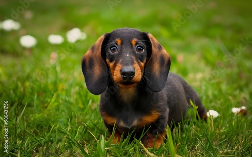 Cute Red Dachshund Puppy in Spring Field with Heterochromia, Captivating Portrait of Dog with Different Colored Eyes, Playful Outdoor Scene, Photo