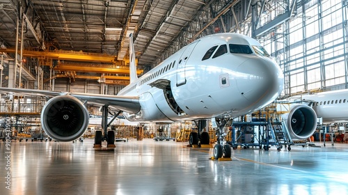 Airplane Undergoing Maintenance in a Large Hangar